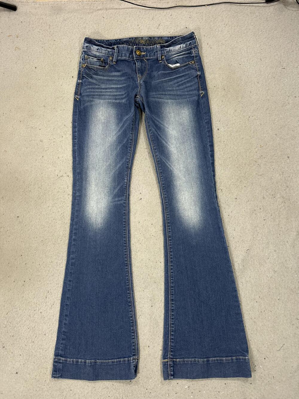 Y2K Express Jeans Womens 2 Blue Flare Denim Stretch Faded Whiskered 2000s